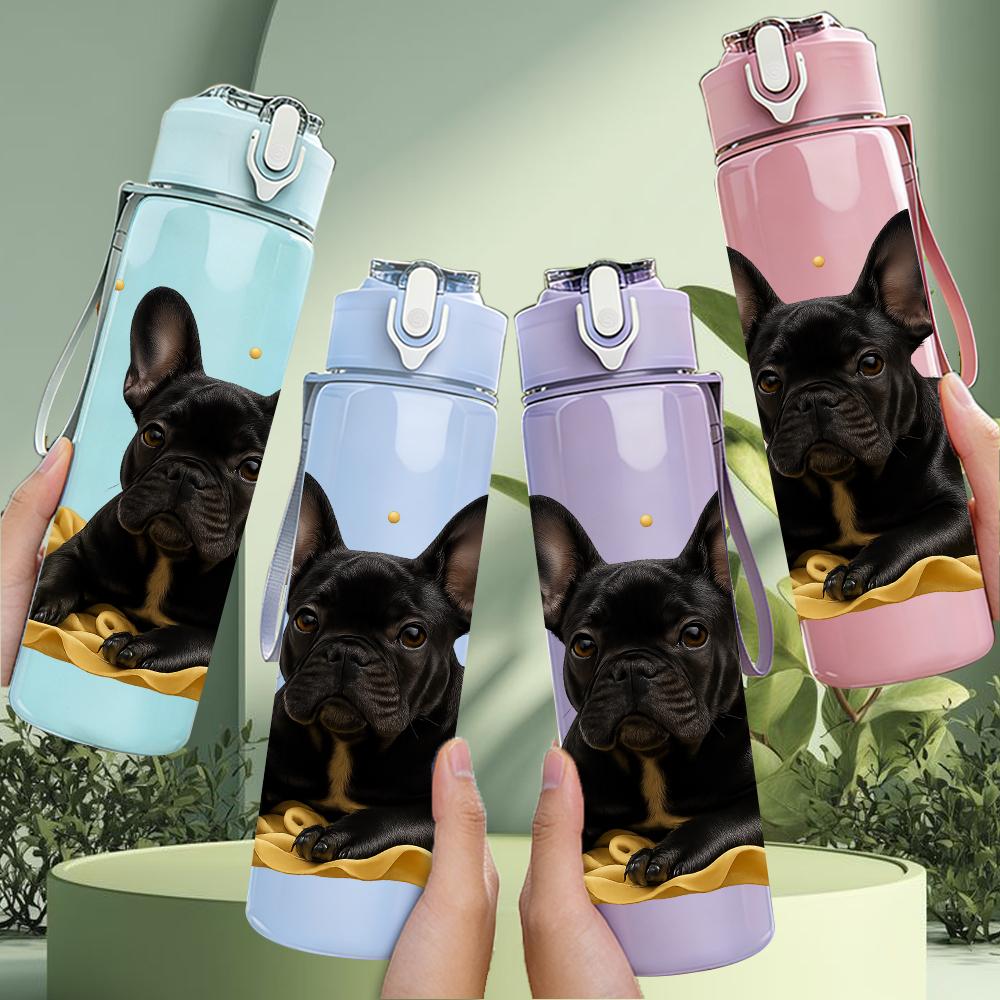 1PC Black French Bulldog Bust 750ml Color Plastic Sports Water Bottle Leakproof Flip Straw Lid For Sports Office Home Use