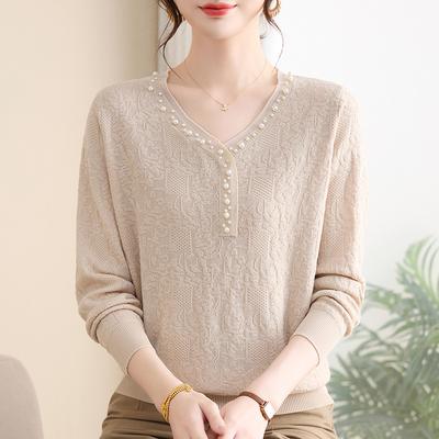 Spring Autumn V-neck Beading Bottomed Knitting Top Women Long Sleeve All-match Pullover Sweater