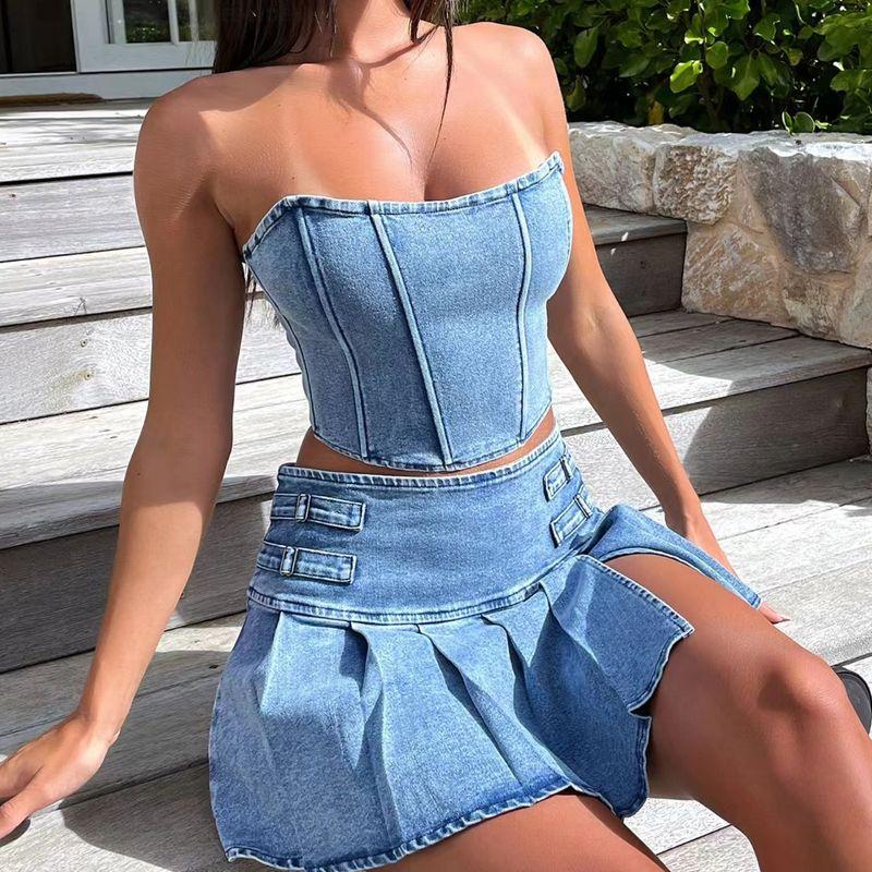 European and American Sexy Denim Navel Tube Top High Waist Skirt sets Cowboy Strapless Skirt Set