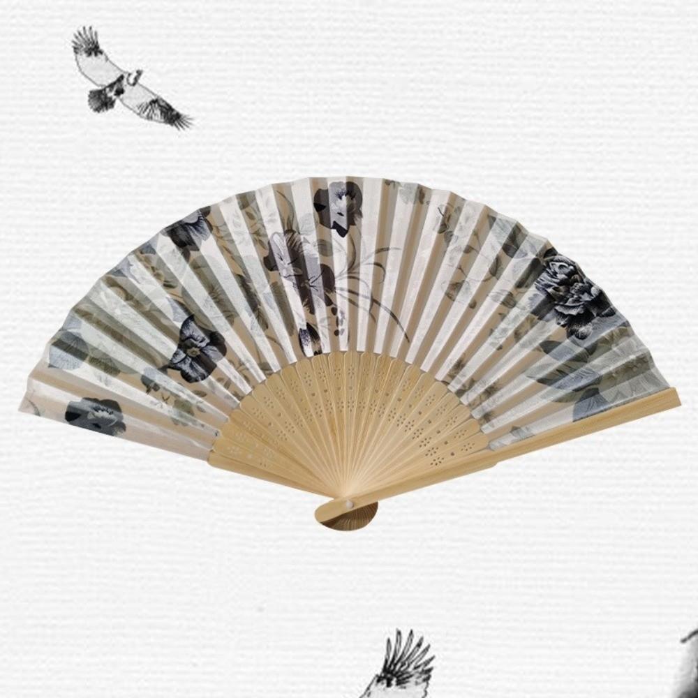 Silk Material Chinese Folding Fan Bamboo Wood Flower Pattern Silk Fan Artificial Silk Folding Design Art Craft Fan