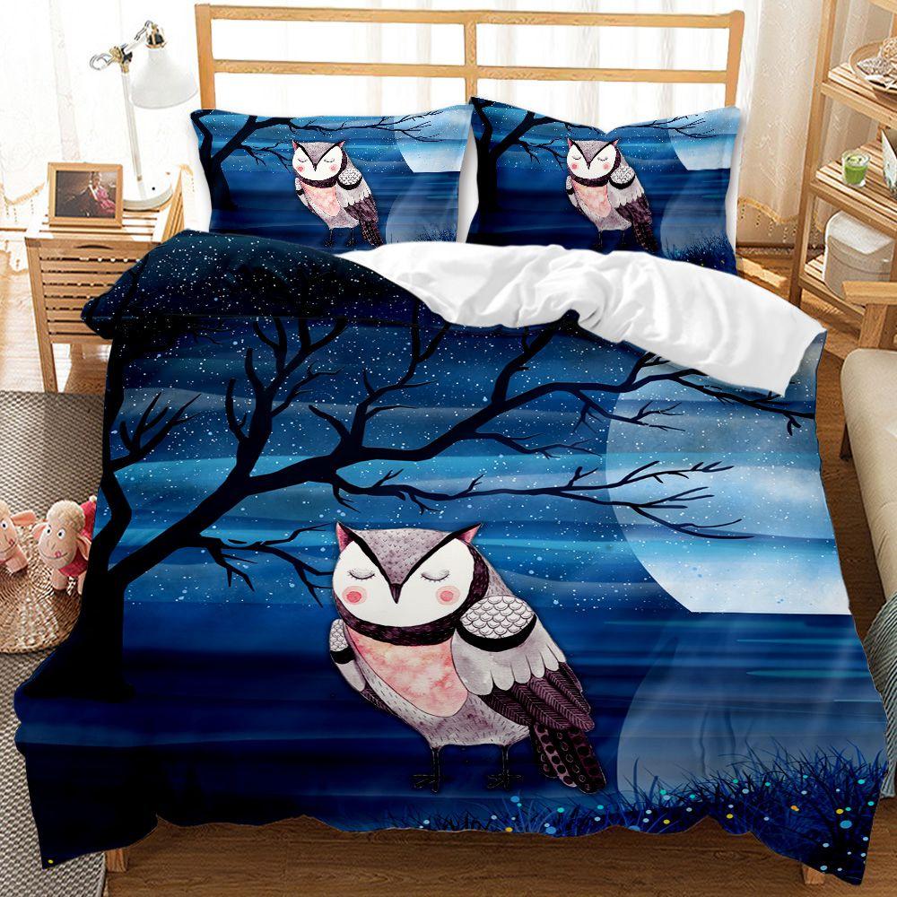 Cartoon Owl Child Duvet Cover Set,Mysterious Forest Retro Boho Design Bedding Set With 2 Pillow Shams, Queen/King/Full/Twin Size