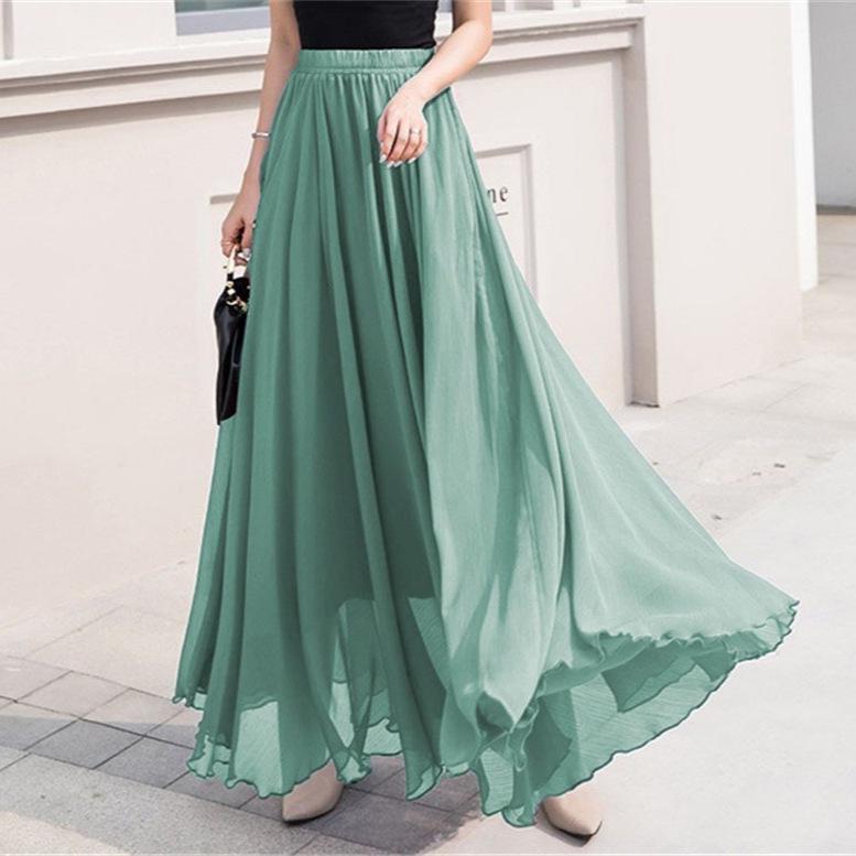 Women's European & American Chiffon High Waist Long Skirt - Solid Color, Spring/Summer Collection.