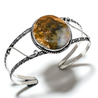Natural Fossil"Coral Gemstone 925 Sterling Silver Cuff Bangle Adjustable A3C23