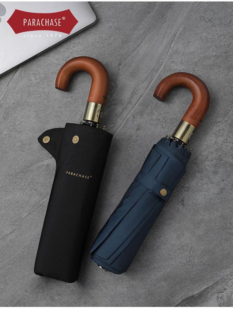 PARACHASE Windproof Auto Open/Close Umbrella with Wooden Curved Handle and Ten Ribs for Two People