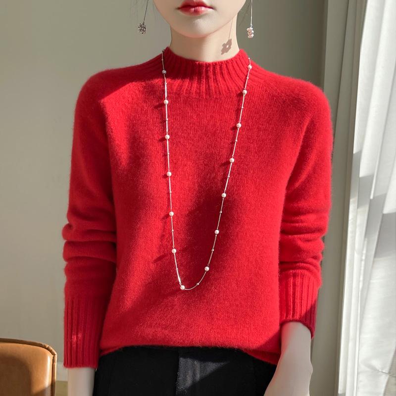 Women's Semi-High Neck Merino Wool Sweater - Autumn/Winter Collection, Versatile Knit Base Layer