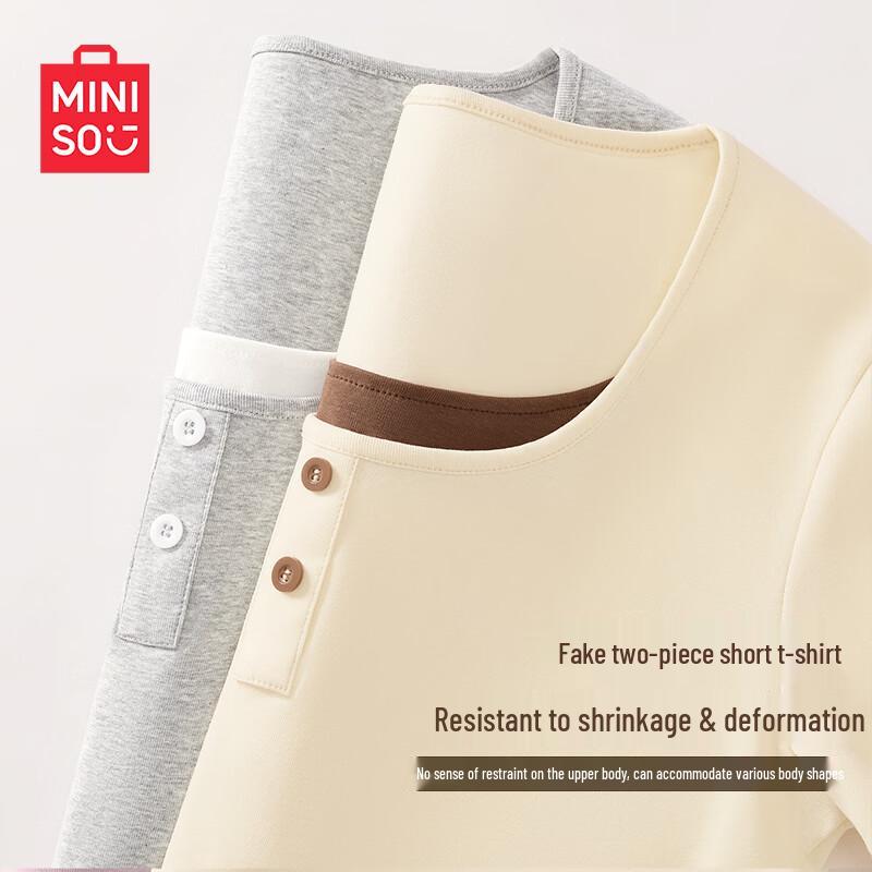 MINISO Women's Faux Two-Piece Henley Cropped T-Shirt