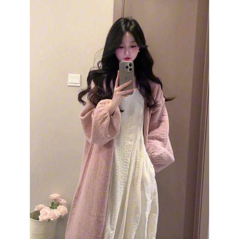 2026 Early Spring Korean Chic Style Complete Set of Gentle and Lazy Style Mid-Length Pink Cardigan Long-Sleeved Dress Set