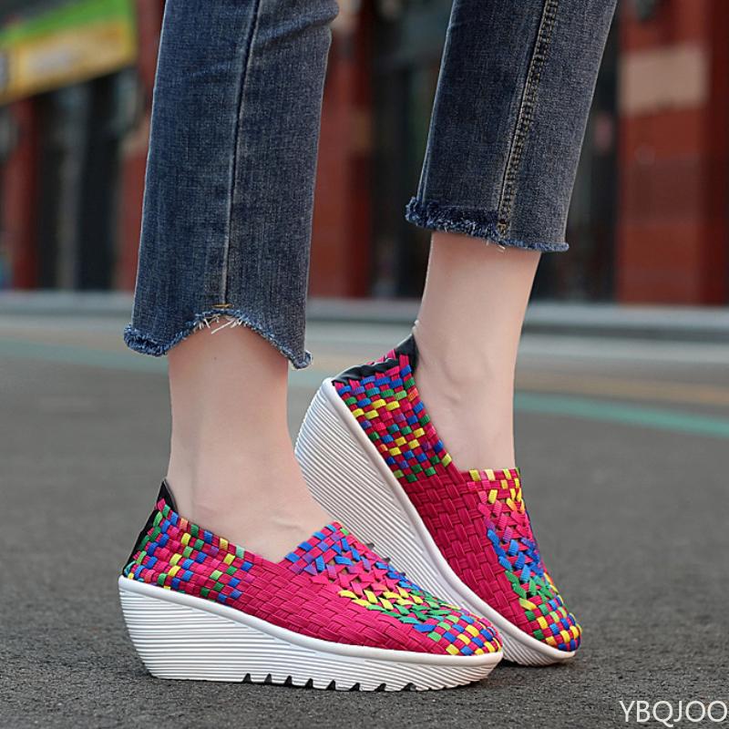 2025 Spring Women's Weaving Sports Slope Heel Shoes Women's Casual Breathable Thick Bottom Sports Walking Shoes Zapatos De Mujer