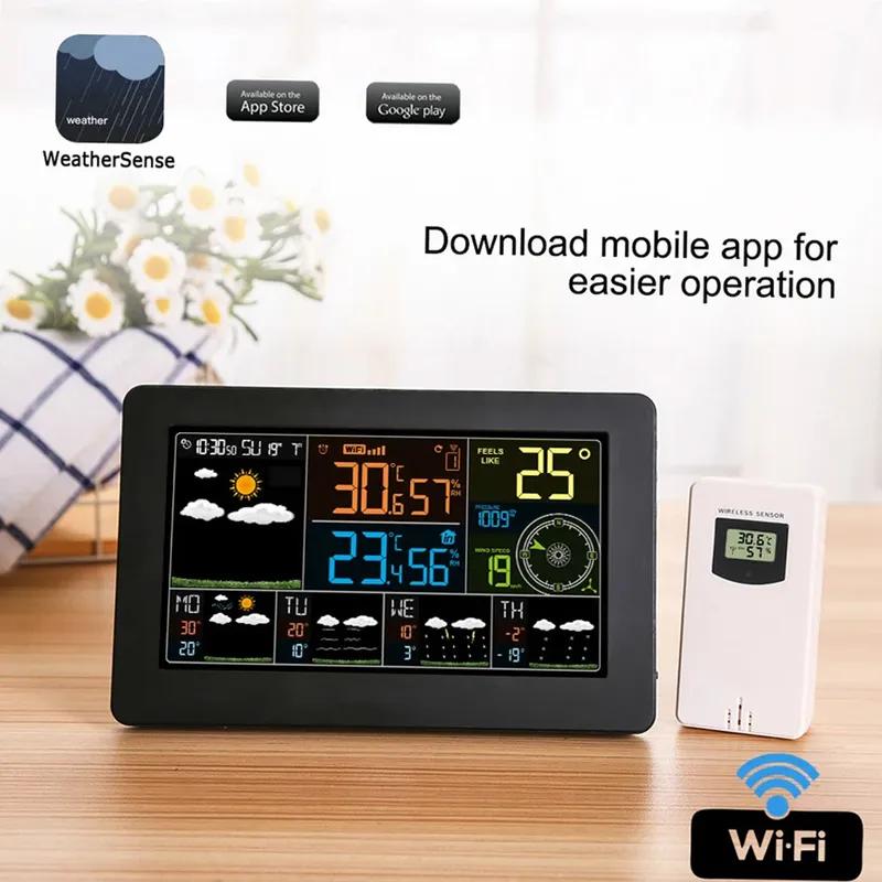 Stazione Meteorologica Smart WiFi Temperatura Umidità Interna Esterna Pressione Atmosferica Velocità del Vento Display Controllo APP Orologio Multifunzione