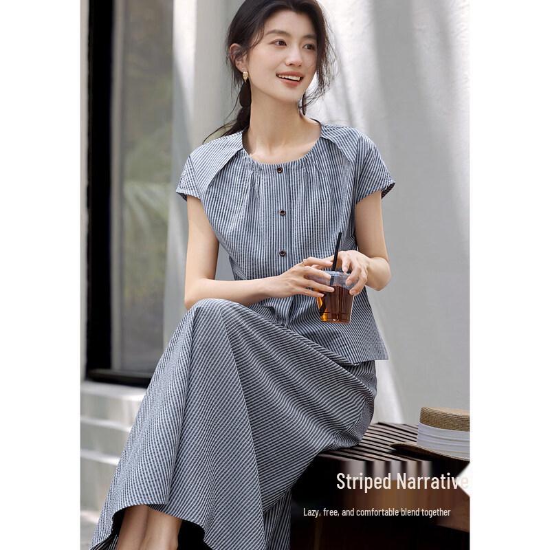 XWI Blogger Recommended Textured Stripe Shirt & Skirt Two-Piece Set S темно-синий