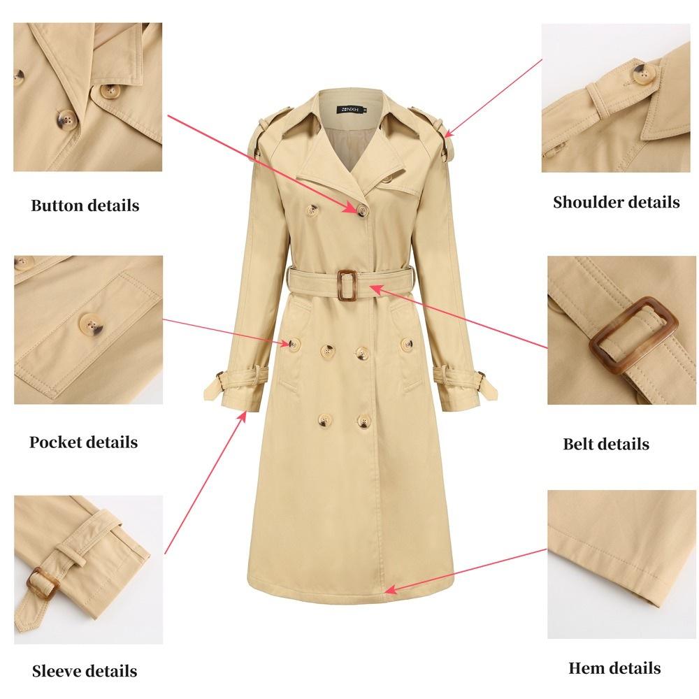 Damen Langarm Trenchcoat Reverskragen Gürtel Eleganter Pendler Oberbekleidung Windjacke Jacke