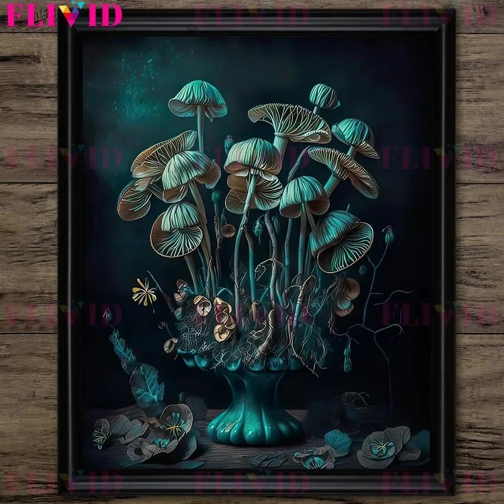 Dunkler Waldpilz und Vintage Rosa Rosen Vintage Wandkunst Druck Dunkel Botanisch Hexerei Gotischer Druck Wohnzimmer Dekoration