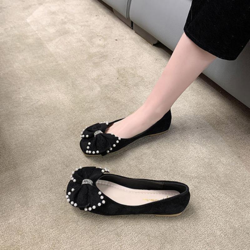 Square Toe Shoes for Women Black Pearl with Bow Woman Flats Deals Offers Comfortable and Elegant Vulcanized Shoe Designer Luxury