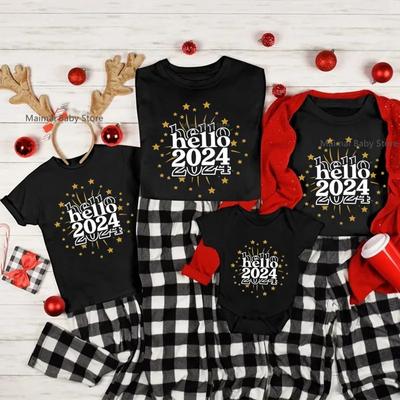 Camisetas para mujer Hola 2024 Imprimir Trajes a juego familiares Algodón Papá Mamá Niños Camisetas Bebé Mamelucos Camisas familiares Fiesta Ropa familiar