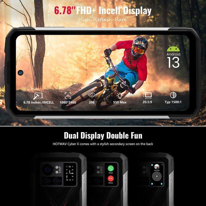 Smartphone Robuste HOTWAV Cyber X 14Go+256Go 10200mAh 6,78'' FHD+ 64MP Téléphone Incassable Avec Écran Secondaire Arrière NFC Noir