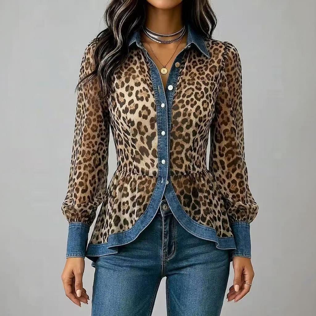 Women's Casual Long Sleeve Denim Shirt with Leopard Print Patchwork for Everyday Wear