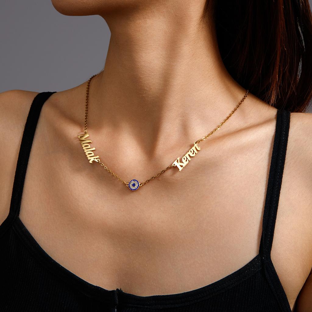 Collar Atoztide Personalizado con Múltiples Nombres para Mujer, Gargantilla Personalizada con Ojo Azul de Zirconia, Cadena de Acero Inoxidable, Joyería, Regalo