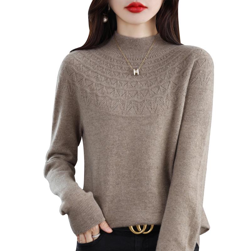 Seamless Pure Wool Women's Half-High Neck Hollow Pullover Sweater - Warm, Slim-Fitting Base Layer Knitwear