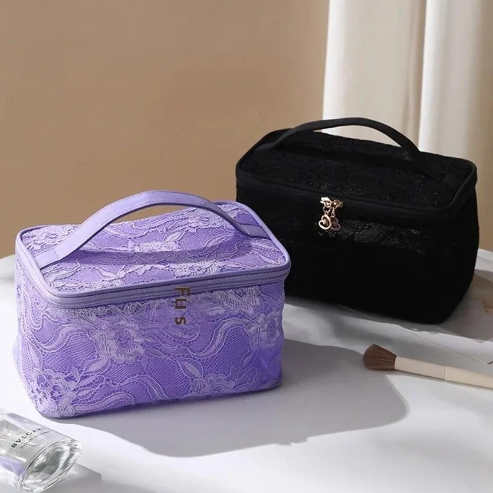 Elegant Portable Makeup Bag Lace Floral Pattern Travel Toiletry Pouch with Handle Large Capacity Handbag for Women