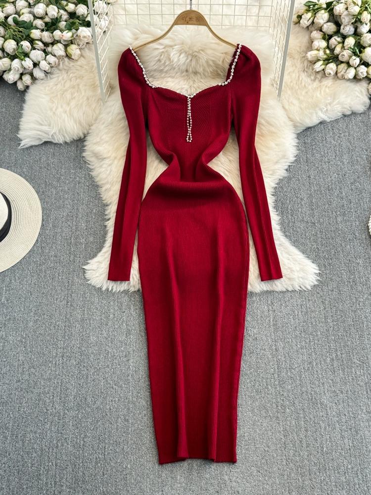Autumn and Winter Long Sleeved Diamond Studded Square Collar with Cinched Waist for Slimming Effect Medium To Long Version Knitted Dress for Women