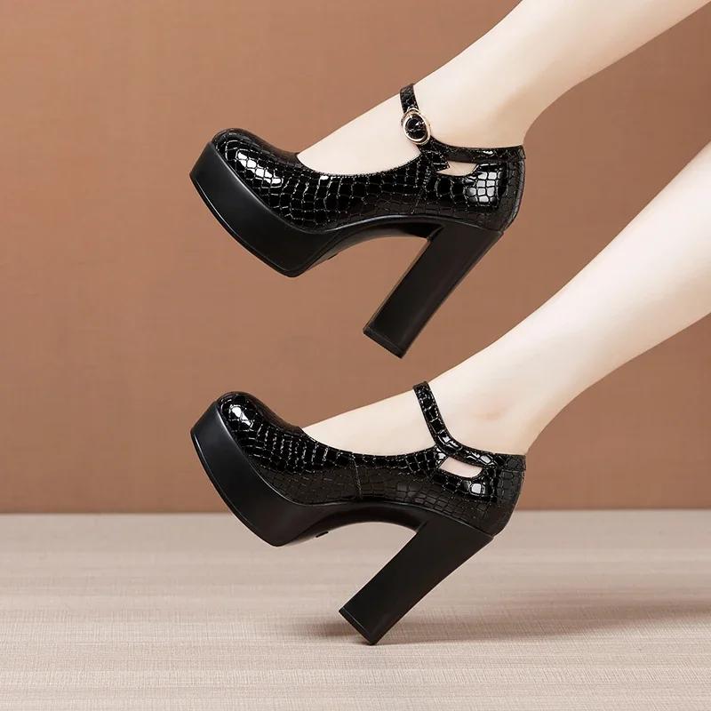 Small Size 32-43 Black Genuine Leather Shoes Shallow Platform Pumps Women 2025 Block High Heels Mary Jannes for Office Model Mom