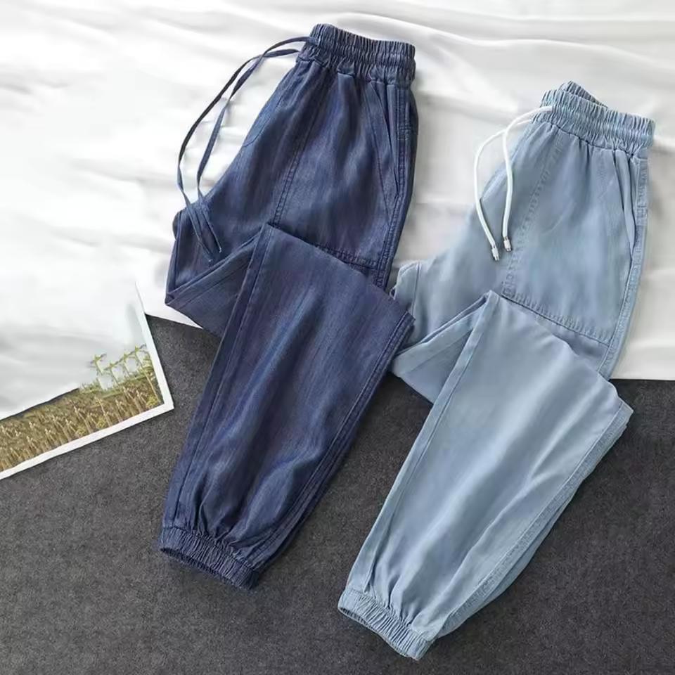 Thin Ice Silk Jeans Stretch High Waist Drawstring Harem Pants Loose All-match Beam Leg Nine-point Jeans