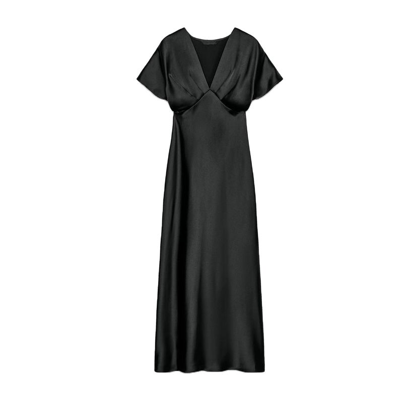 Summer New Product Women's Clothes French Style V-neck Elegant Long Silk Satin Texture Midi Skirt Dress 2330399