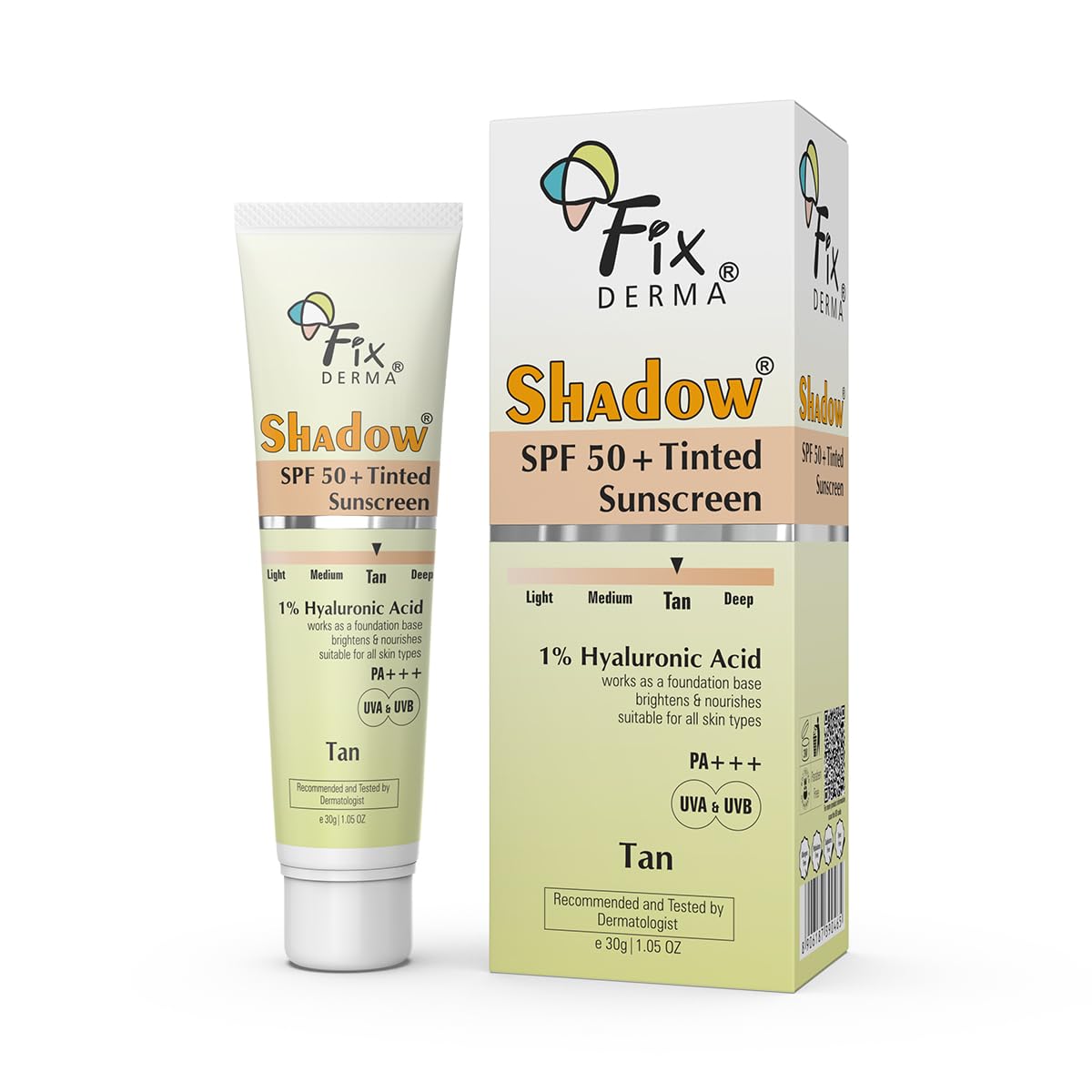 Fixderma Shadow Krem do opalania z kolorem Tan SPF 50 PA+++ | 1% Kwasu Hialuronowego i Witaminy E | Rozjaśnia & Odżywia Skórę | Ochrona UVA & UVB | Lekki white
