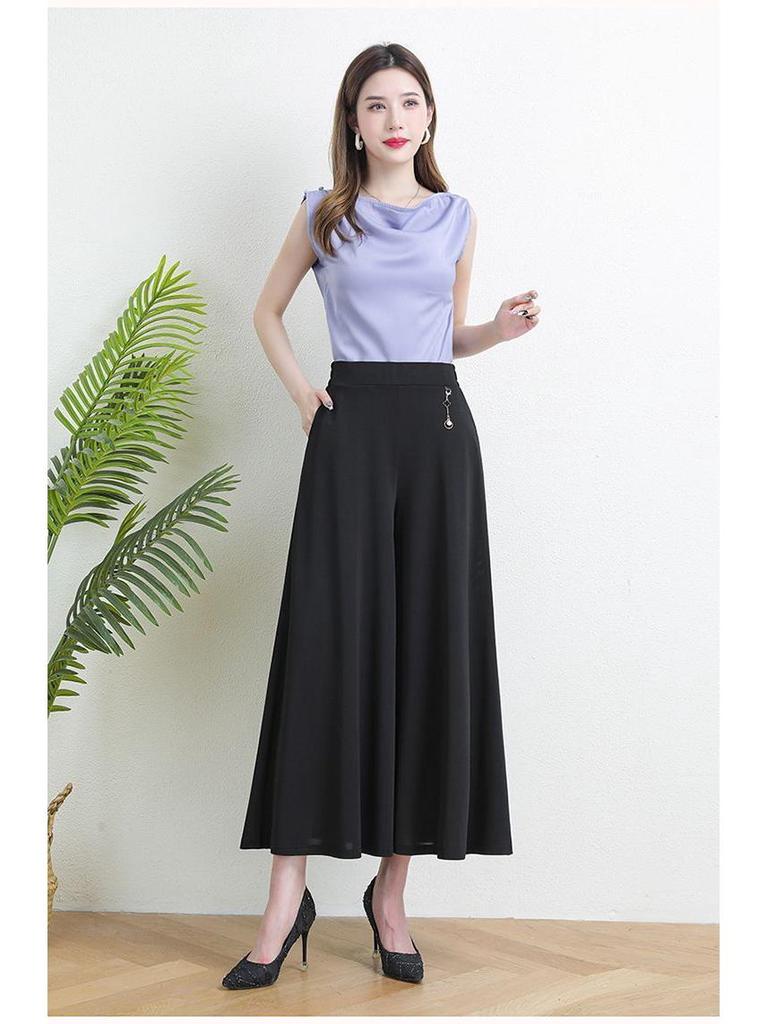 Mom's Summer Plus Size Ice Silk Wide Leg Skirt Pants - Elastic Waist Nine-Point Casual Pants for Women