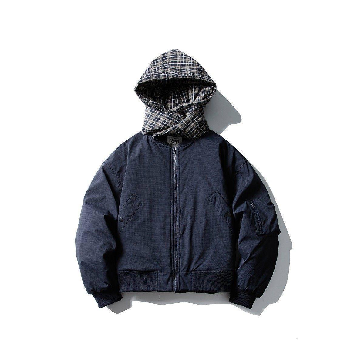 

Унисекс Японская Ретро Клетчатая Утепленная Куртка с Капюшоном и Шарфом L темно-синий