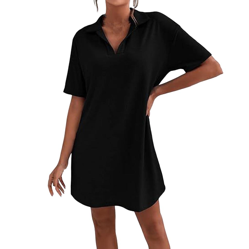Dámská móda letní ležérní jednobarevné šaty s výstřihem do V a klopou