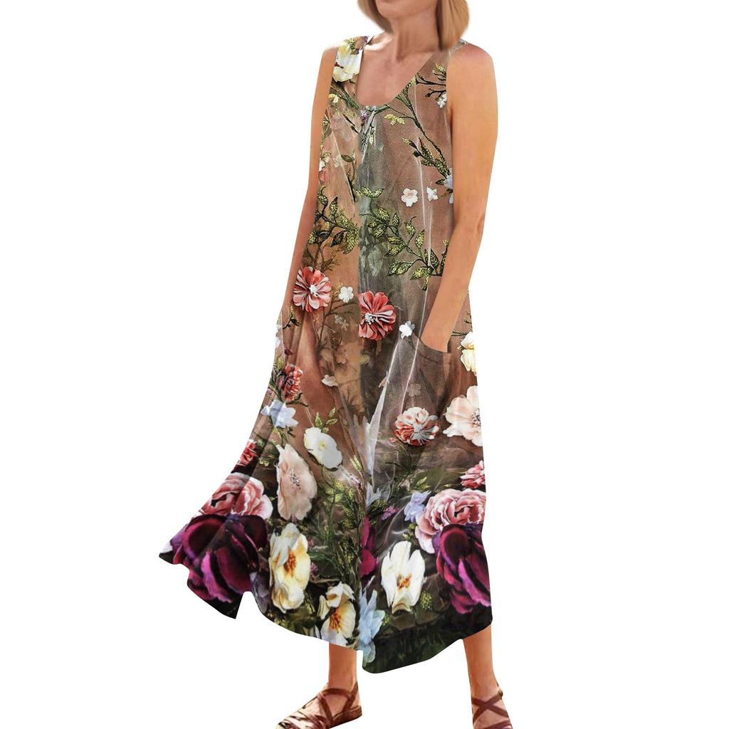 Women's Casual Fashion Flower Printed Sleeveless Pocket Dress