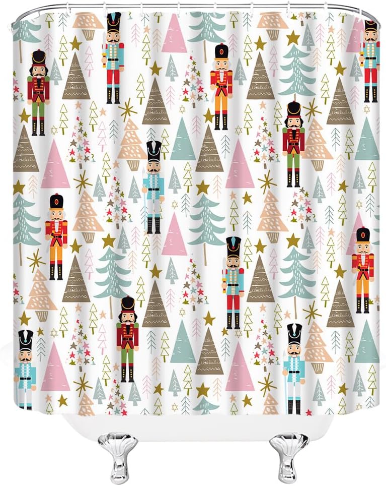 Funny Nutcracker Cartoon Christmas Shower Curtain with Colorful Tree Stars Pattern,  Holiday Bathroom Decor for Winter Festival