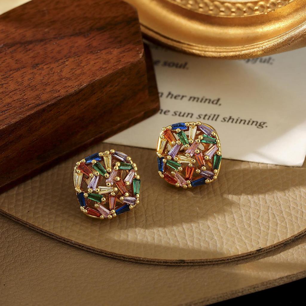 Hot Selling Dopamine Design Square Earrings: High-End Multi-Color Zirconia Studs, Real Gold Plated Ear Jewelry