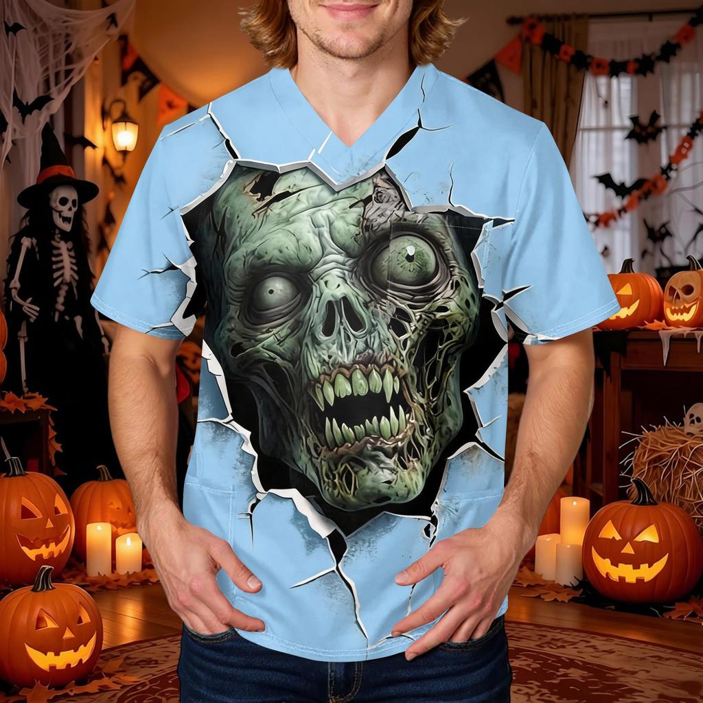 Herren Halloween Print V-Ausschnitt Kurzarm Kasack mit Tasche