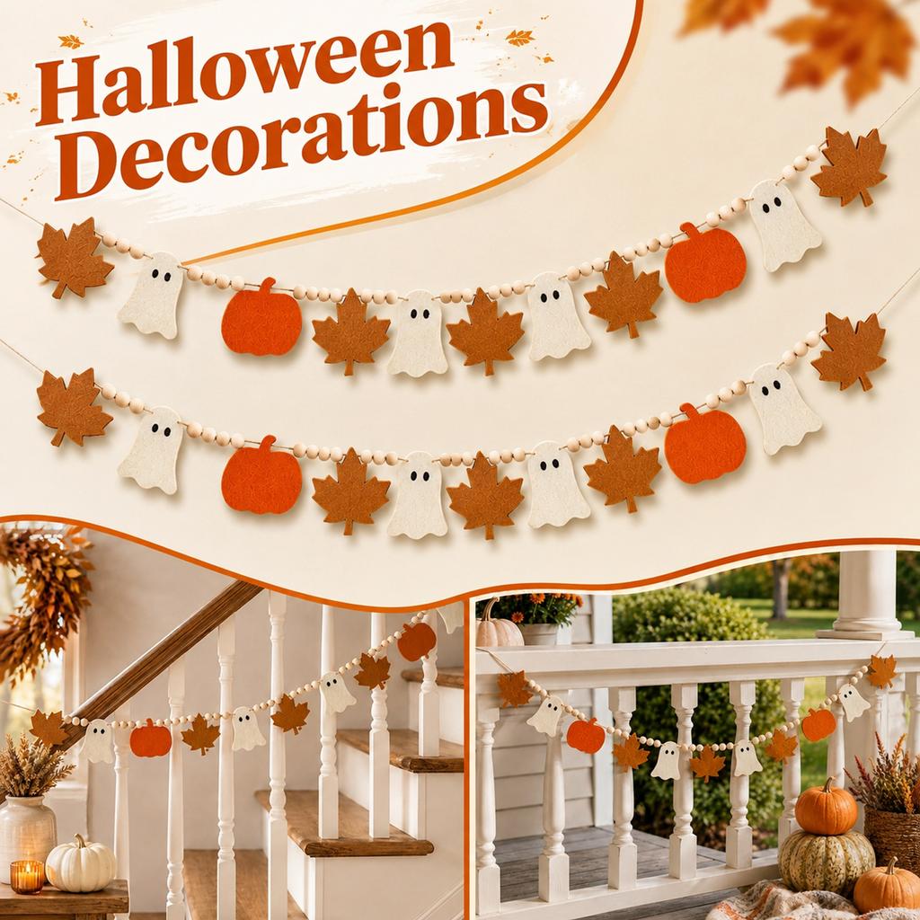 Halloween Pumpkin Wooden Bead Garland for House Background Decoration