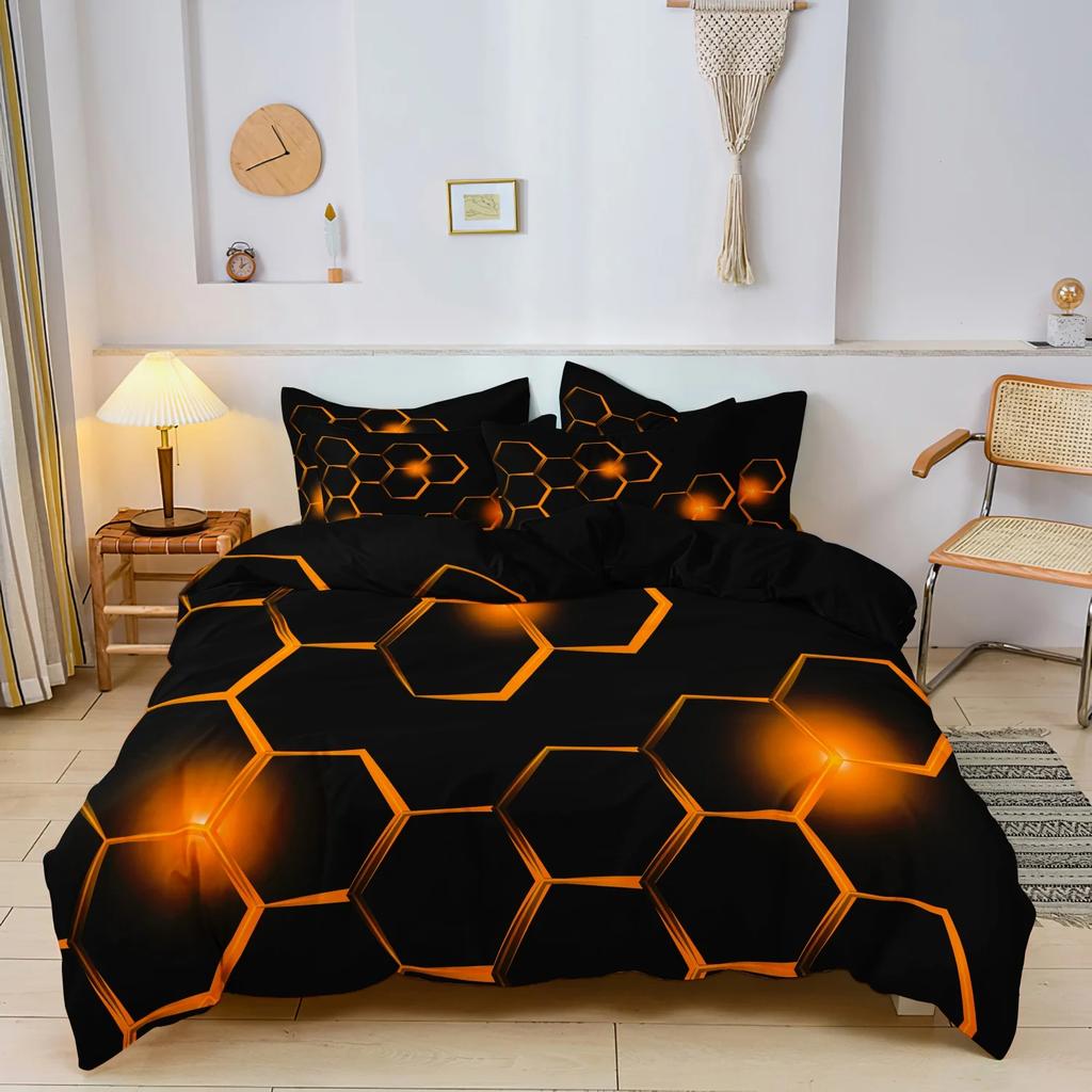 3 Pieces Geometric Bedding Set 3D Hexagonal Honeycomb Pattern Duvet Cover Set Digital Print Polyester Fabric Design Pattern