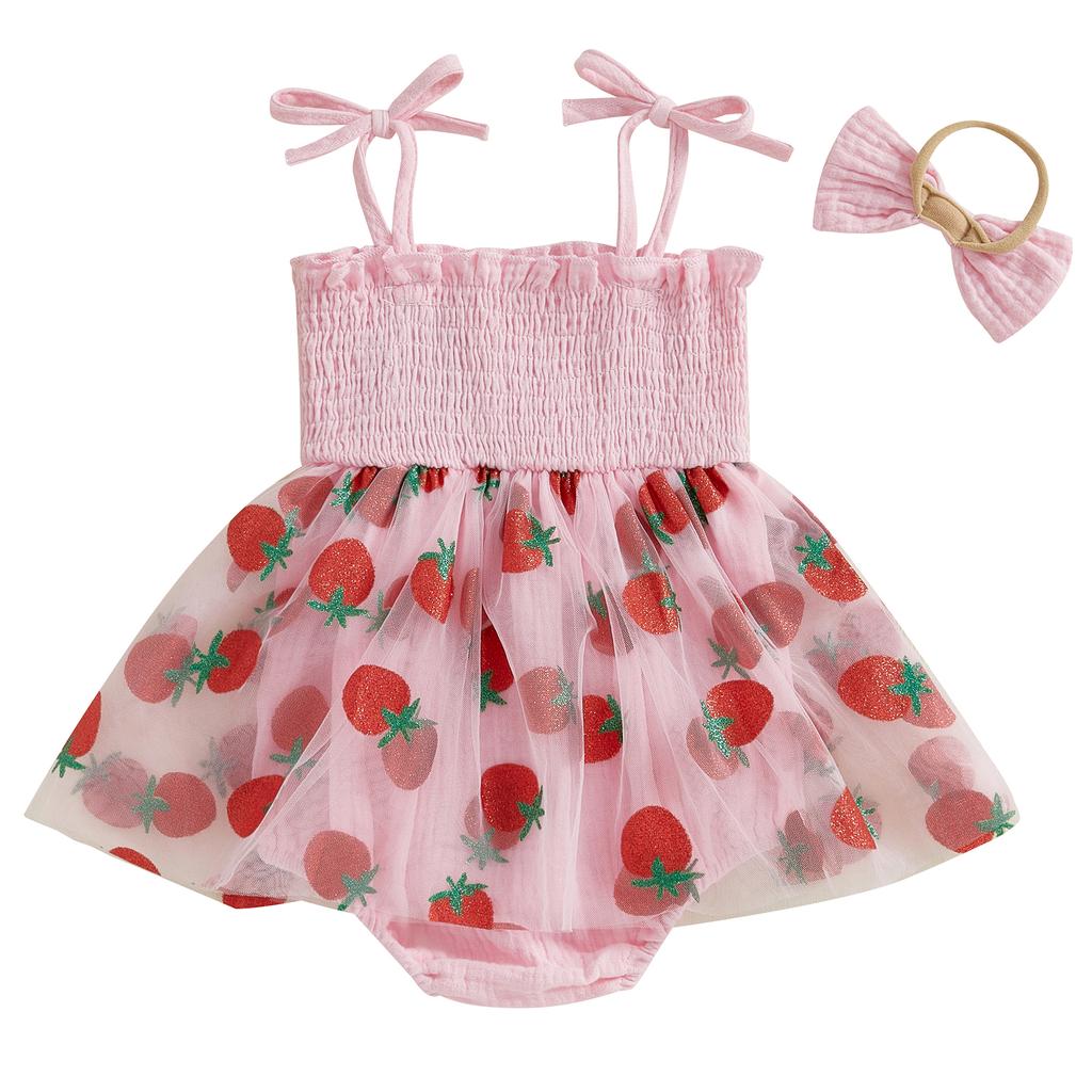 Baby Girls Summer Romper Dress Sleeveless Letter Strawberry Embroidery Tulle Romper with Headband
