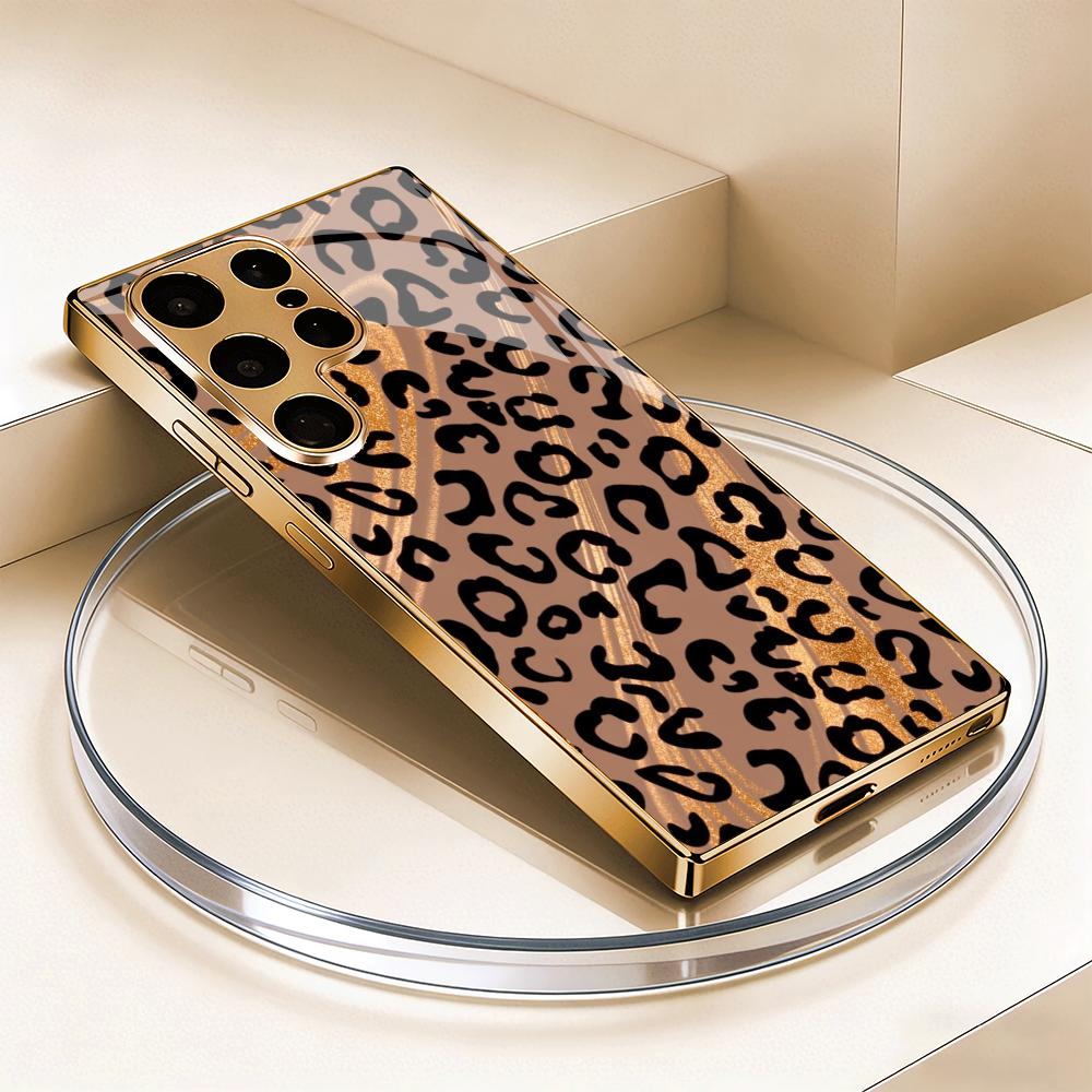 Golden Leopard Print Electroplated Glass Phone Case Suitable for Samsung Galaxy S26 S25 S24 S22 S21 S20 FE/Ultra/Plus5Ganti Drop