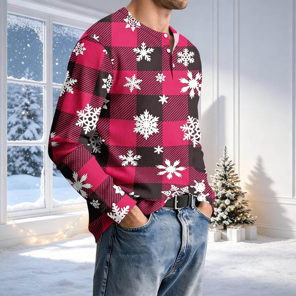 Men's Casual Neck Long Sleeve T-Shirt with Ribbed Texture Christmas Print
