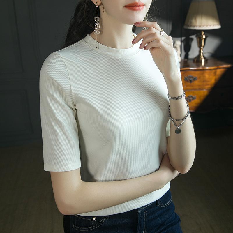 

Early autumn women s clothing new round neck bottoming shirt solid color medium sleeve cotton T-shirt, elastic inside the clothes M белый