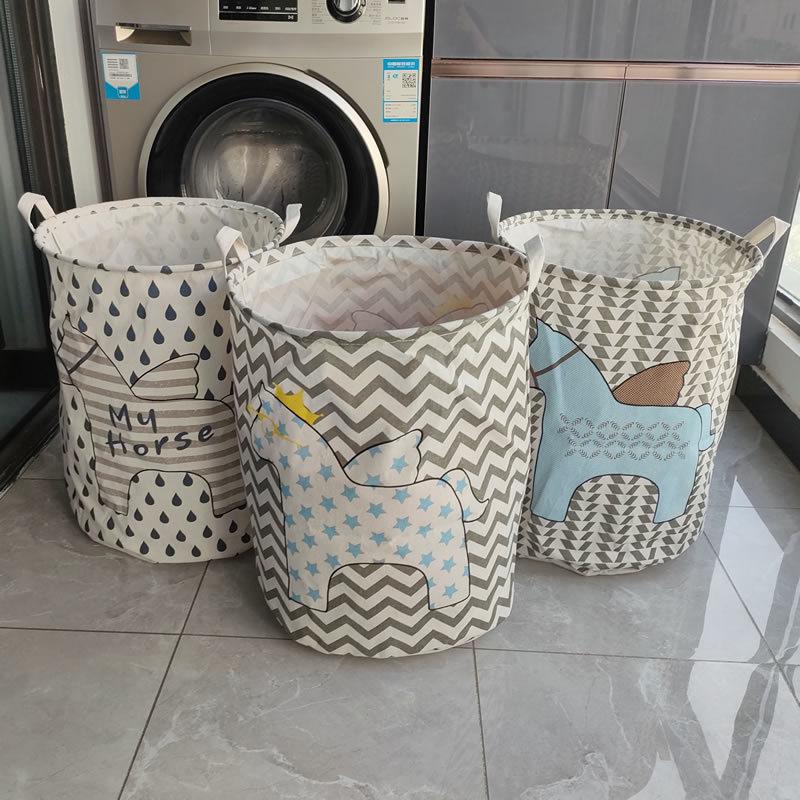 Nordic Cartoon Horse Cotton Linen Laundry Basket - Large Folding, Waterproof Storage for Clothes and Toys