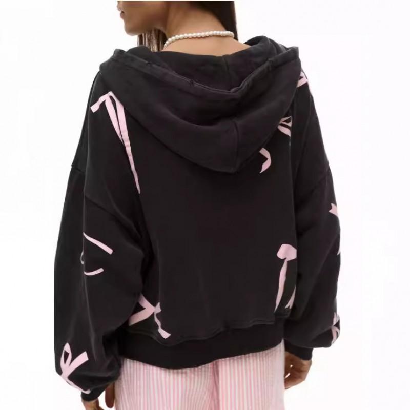 Womens Y2K Bow Print Zip Hoodie Casual Loose Long Sleeve Sweatshirt Winter