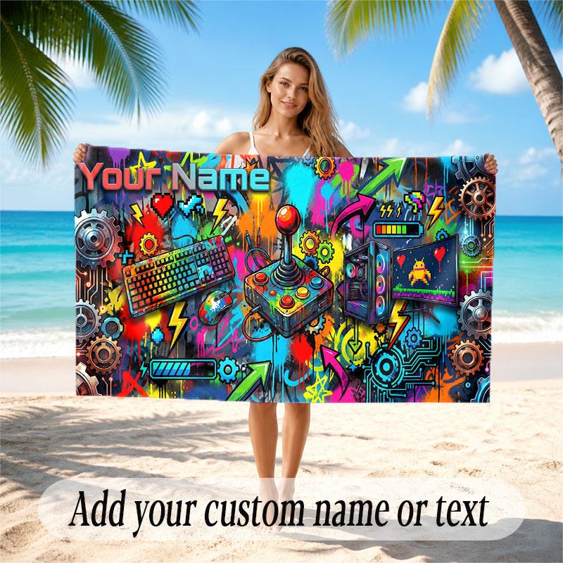 City Cyberpunk Theme Soft Beach Towel Personalized Custom Name Text Towel Portable for Beach Pool Travel