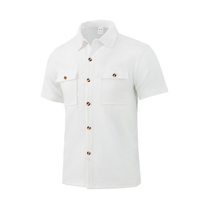 Summer European and American men's waffle short-sleeved casual solid color lapel button-up pocket tooling shirt
