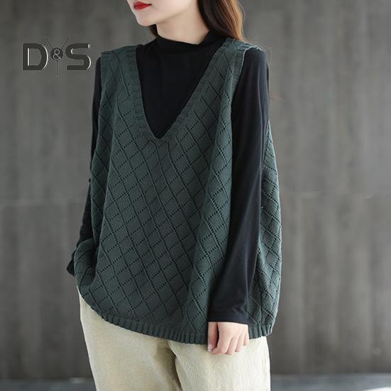 Πλεκτό πουλόβερ γυναικείο γιλέκο άνοιξη φθινοπώρου Ρετρό V λαιμόκοψη Φαρδύ αμάνικο μονόχρωμο πουλόβερ με κούφια υφή ρόμβου καθημερινά μπλουζάκι