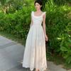 Romantic Ruffle Square Neck Embroidered White Dress Women Vacation Style Sexy Backless Lace-up Slit Fairy Long Dress