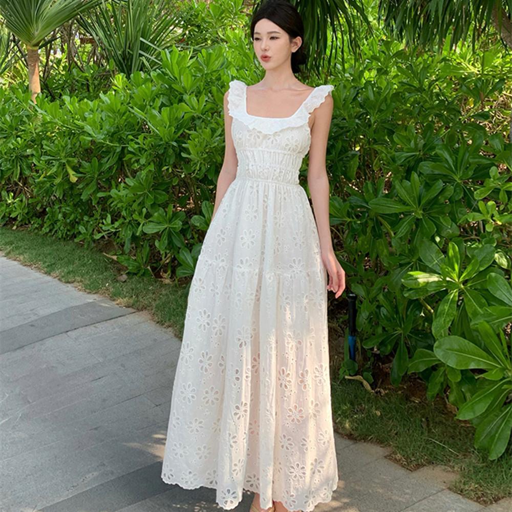 Romantic Ruffle Square Neck Embroidered White Dress Women Vacation Style Sexy Backless Lace-up Slit Fairy Long Dress