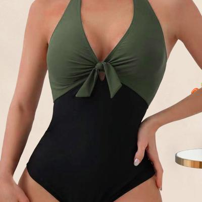Donne Sexy Estate Monokini Halter Profondo Scollo A V Costume intero Patchwork Colore Bowknot Decor Vita alta Backless