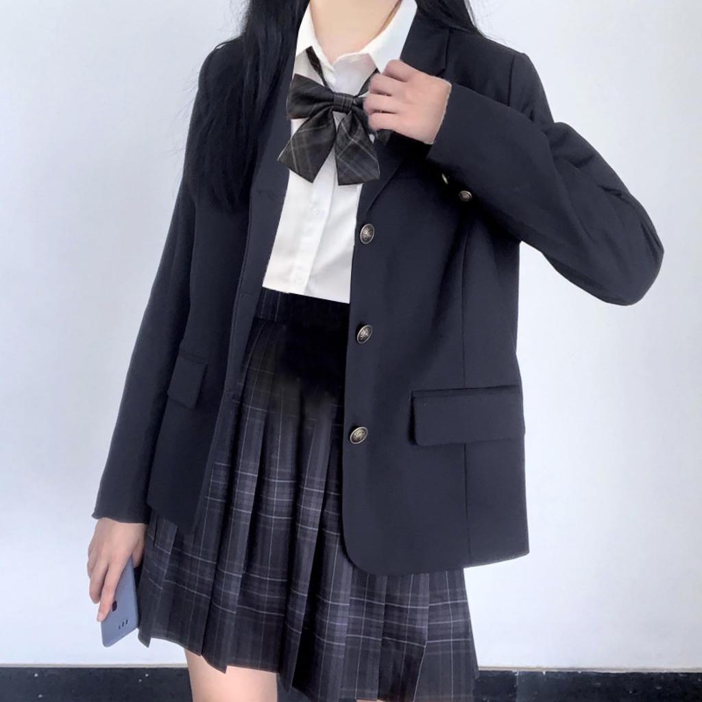 QOOLY Uniformă de Liceu Marină Carouri Blazer și cu pentru Asortare Școală Absolvire Halloween Mărime M Set 5 Piese, Costum, Fustă, Panglică, Femei,